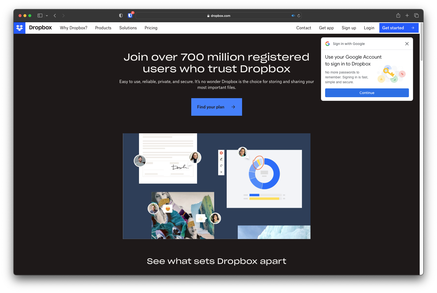 Screenshot of the Dropbox homepage