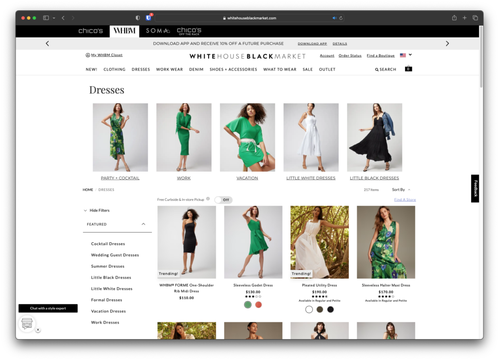 Screenshot from White House Black Market website