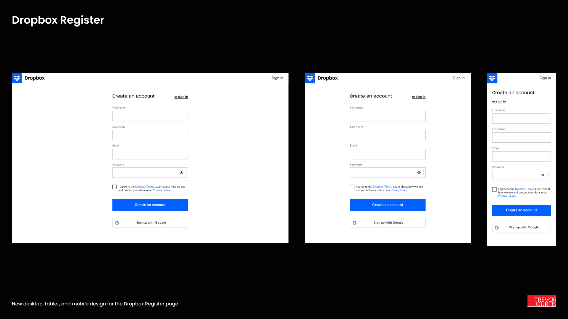 New desktop, tablet, and mobile design for the Dropbox Register page