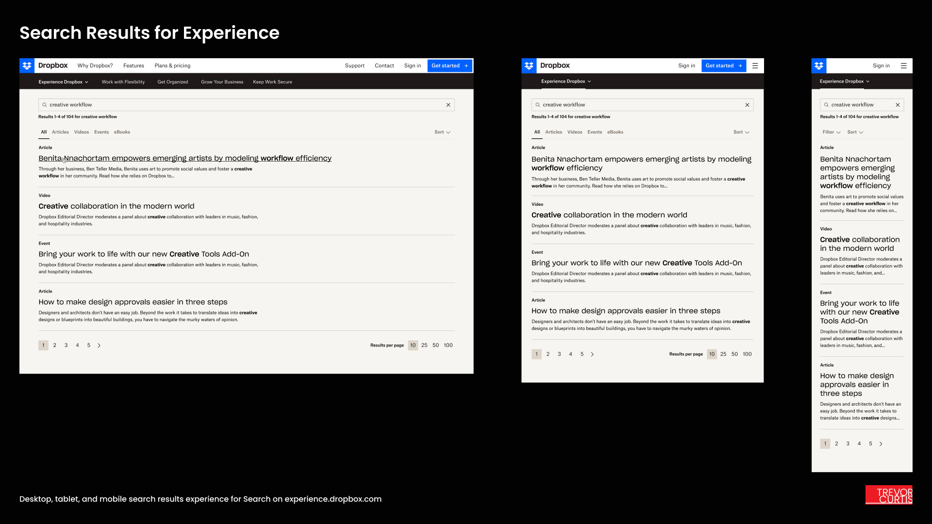 Desktop, tablet, and mobile search results experience for Search on experience.dropbox.com