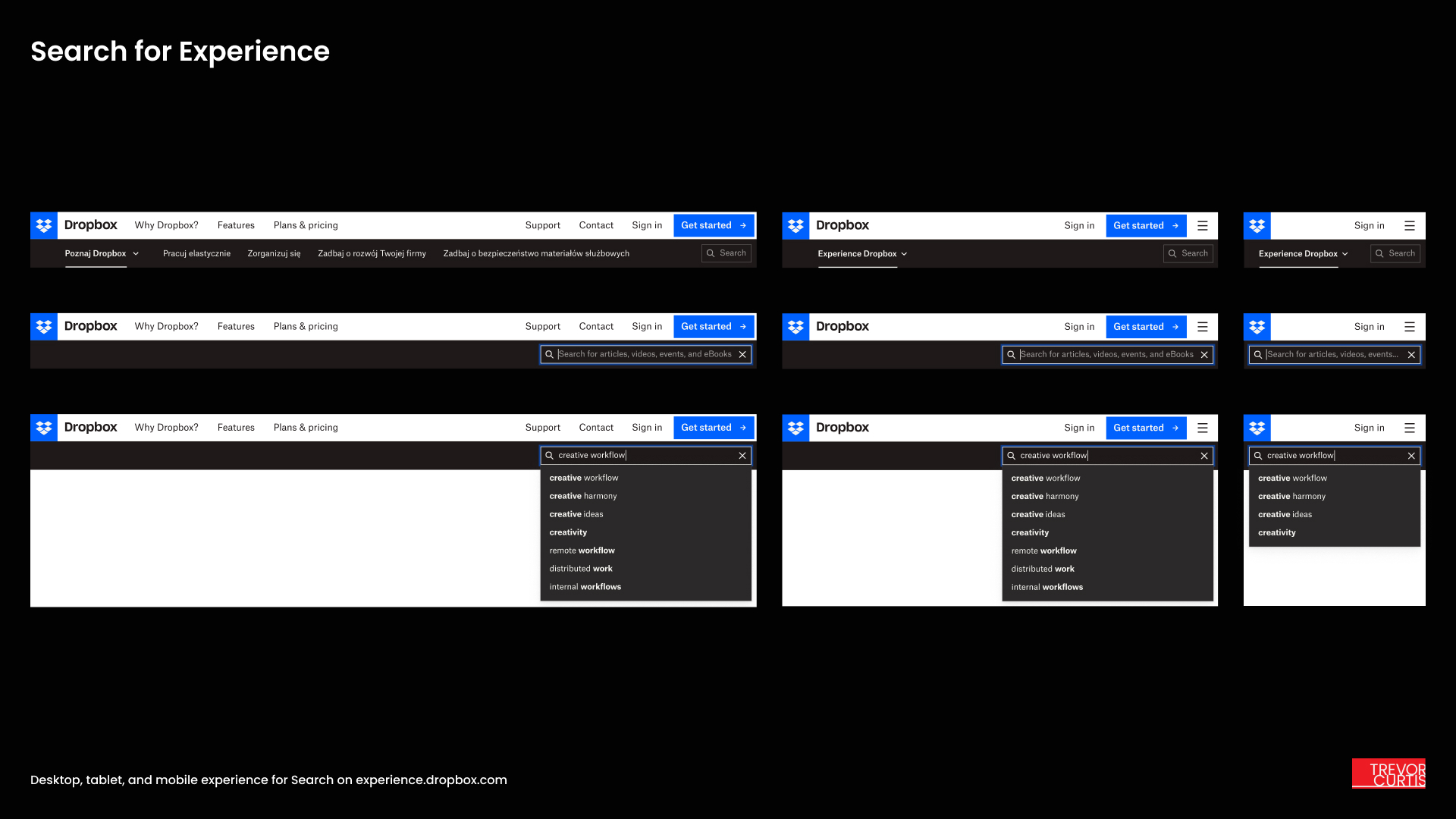 Desktop, tablet, and mobile experience for Search on experience.dropbox.com